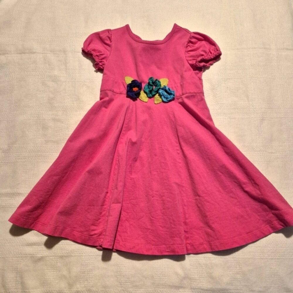 Hanna Andersson girls size 100 or 4 pink short sleeve dress 3 front flowers GUC